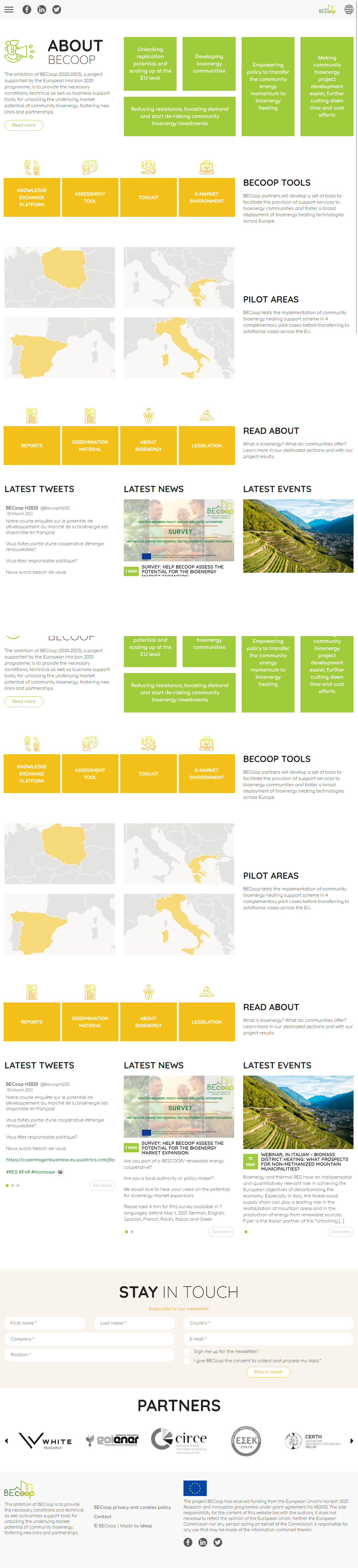 Spletna stran BEcoop project - namizni pogled